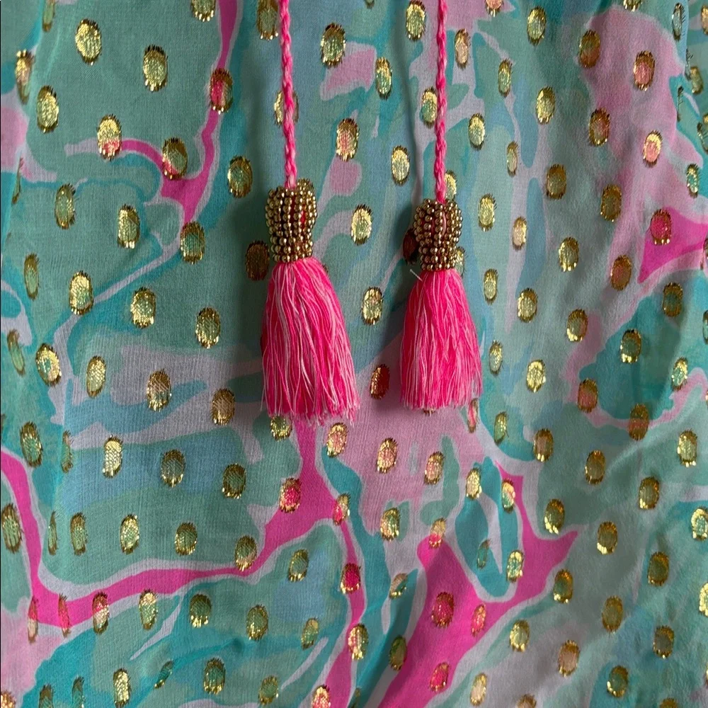 Lilly Pulitzer pink & blue silk blend blouse w/ gold details * sz MED - Picture 3 of 10